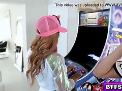 Horny arcade girls get down and start sucking the studs big pink joystick cock!