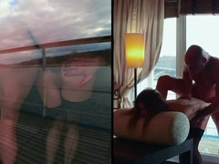 Couple Film Themselves Fucking From Inside Balcony Door, Girlfriend Laps Up Cum From Window