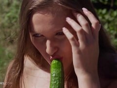 Gorgeous Czech model Stacy Cruz having a great time outdoors masturbating with the cucumber - young sexy babe