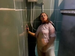 Striptease and also shower. Wet panties, oozy trousers, oozy shirt – Complete