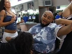 Foursome interracial orgy with cum swallow at the barbershop