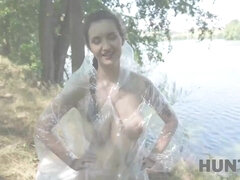 Fuck and Shine - Big ass brunette girlfriend fucked outdoors by the lake wrapped in plastic