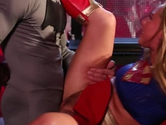 Supergirl and Batman spend free time by making love on table