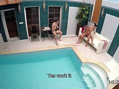 Watch this cheap slut try to keep her man at the spa by cheating on her husband with her BF