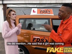 Redhead mechanic with massive cock quirts while driving with a fake driving school
