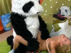 Panda and a pretty teen have hot sex in her bedroom