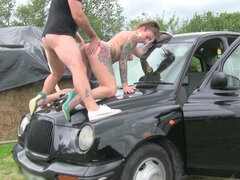 Tattooed nympho with fine ass gets fucked on the car bonnet