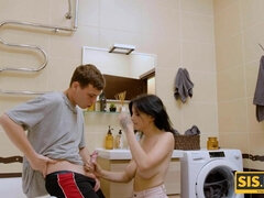 Horny brunette girl Queenlin is penetrated by her own stepbrother - European couple fucking in bathroom