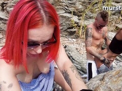 Beach, Blowjob, Creampie, Facial, Foursome, Outdoor, Public, Redhead