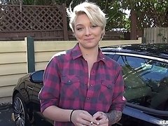 Amateur, Blowjob, Car, Doggystyle, Pov, Shaved, Short hair, Tits