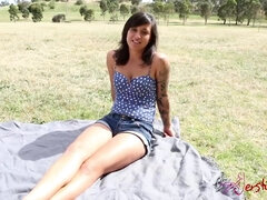 Debauched amateur young lady outdoor interview