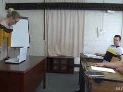 Josette Most fucks two guys on her desk and swallows their cum