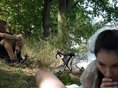 Brunette girl Alisa Horakova fucks outsie in frotn of a voyeur