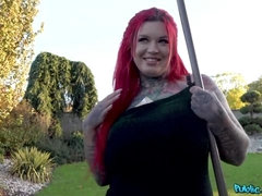 Big tits, Blowjob, Handjob, Milf, Outdoor, Redhead, Stripping, Tattoo