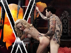 Tattooed devil Sarah Jessie gets fucked from behind after giving head