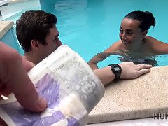 Watch as young cuckold lets stranger nail his girlfriend by the pool in POV reality action