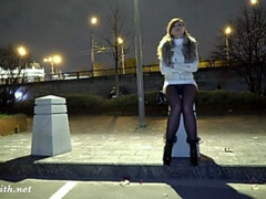 Deep Evening - Russian Jeny Smith walks in public in transparent pantyhose without panties