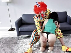 Clothed clown fucks the brunette MILF as an apology for lateness