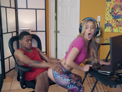 Ebony guy is fucking white chick while girlfriend is playing game