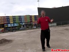 Real dutch hooker sucking balls while jerking