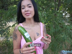 Jade Mai's pussy tested by a cucumber in public with cumshot on her face