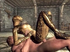 Interspecies encounter: Female Argonian indulges in forbidden pleasures with a guard!