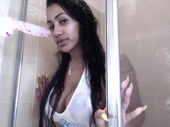 Dildo, Frau, Hd, Latina, Masturbation, Reiten, Dusche, Solo