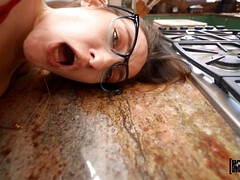 Nerdy brunette Everly Haze gets fucked in the kitchen