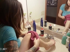 My busty girlfriend shaving her legs for me - topless