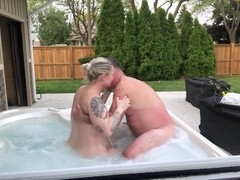 Girl receives amazing oral pleasure from dad’s friend in the hot tub