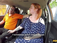 A fat redhead chick rides a stiff dick during a driving lesson
