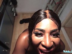 Josy Black flaunts her stunning ebony body while taking a huge cock in public