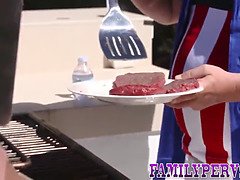 Stepfamily bbq: MILF and teen share rod & get banged hard in HD