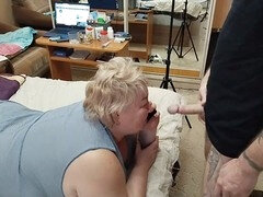 Step-mom ignores me playing with myself, ends up with cum on her head