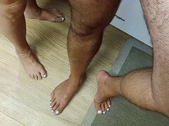 Naughty foot play in the kitchen and sticky cum on sexy toes