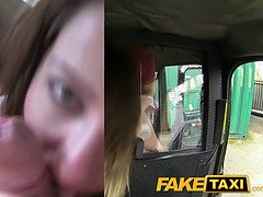Watch this busty babe deepthroat and gagging on fake taxi cab balls in POV