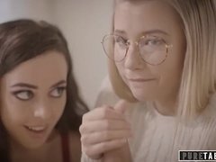 Blonde, Blowjob, Brunette, Deepthroat, Glasses, Pov, Teen, Threesome