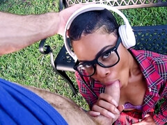 Naughty black female sucks and gets vaginal punishment outdoors