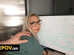 Teacher Heather Hendrix gives her husband a rough blowjob and takes his load on her face